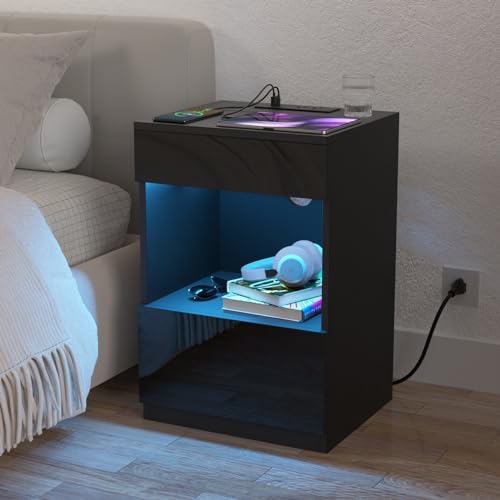 Hommpa NIGHTSTAND 16 BK Set Of 2 Open Shelf Led Nightstands With Charging Station 2 Drawers Bedside Tables Black Night Stands With Storage Smart Nightstands High Gloss Night Table With Led Light For Bedroom Furniture thumb #6