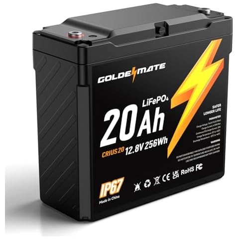 GOLDENMATE 12V 20Ah LiFePO4 Battery, IP67 Waterproof, 12V Lithium Battery w/ 5000+ Deep Cycles, Built-in BMS, Premium Lithium Iron Phosphate Cell, Ideal for Solar, Marine, Fishfinder, Off-grid camping Cover
