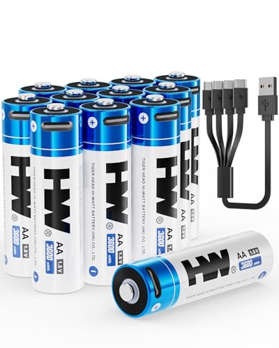 HW USB Rechargeable AA Batteries 12 Pack, 1.5V, 3600mWh