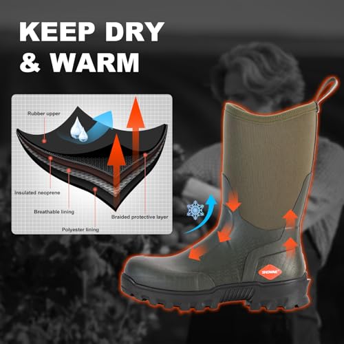Showave Men's Mid Calf Rubber Work Boots Waterproof Rain Boot Insulated Mud Boots with Comfortable Sports Soles3