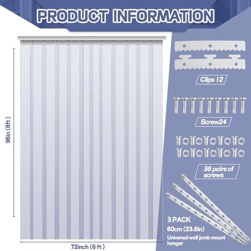 Image of Juexica 72x 96 Inch Plastic Strip Door Curtain Kit 0.08'' Walk in Cooler Curtains PVC Freezer Door Curtain Smooth Waterproof Insulation Hurricane Shutters Gate for Warehouse Garage Industry (Clear)