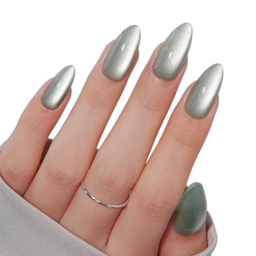 VSALON Almond Medium Press On Nails, Pastel Green Cat Eye False Nails
