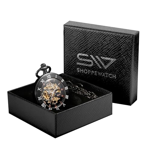 Image of ShoppeWatch Mens Pocket Watch with Chain | Classic Hand Wind Mechanical Movement | Open Face Pocketwatch ad Chain - 1920s Railroad Steampunk Costume Accessory