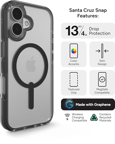 Image of ZAGG Santa Cruz Snap iPhone 16 Case - MagSafe Compatible, 13ft Military-Grade Drop Protection, Graphene Reinforced, Anti-Scratch, Slim & Lightweight, 70% Recycled Content, Clear with Black Accents