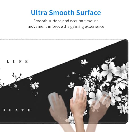 Image of Japanese Life Death Keyboard Mat, Black White Japanese Anime Gaming Mouse Pad for Desk with Anti-Slip Rubber Base and Stitched Edges, Japanese Sakura Pagoda Sun Mouse Pad