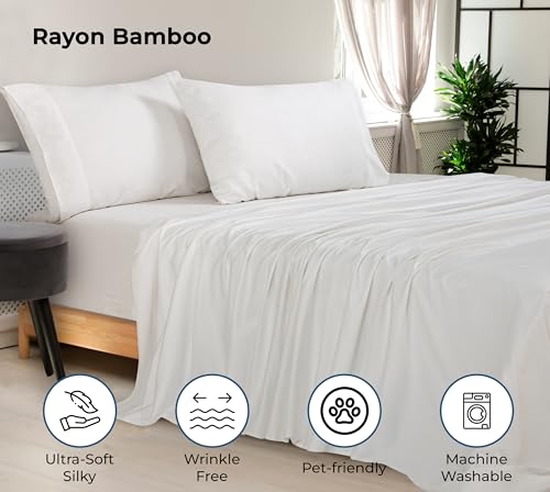 Image of Royale Linens Bamboo Viscose Twin Sheet Set - Cooling Bed Sheet Set - 1 Fitted, 1 Flat & Pillowcase - Fits Up to 16 inch - Organic Viscose Derived from Bamboo - Bedding Sheet & Pillowcase (Twin, White)