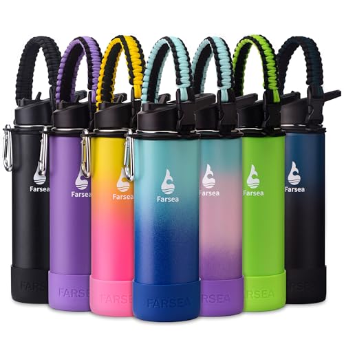 Farsea Insulated Water Bottle With Paracord Handle, Protective Boot and 2 Lids (Straw Lid & Spout Lid), Stainless Steel Water Bottle Wide Mouth, Double Wall Sweat-Proof BPA-Free, 24 oz
