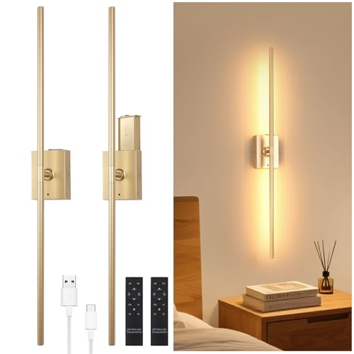 Image of Shenmoyl Battery Operated Wall Sconce Set of 2, 10000mAh Rechargeable Wall Sconces with Detachable Battery, Indoor 350Rotate Wall Lights for Bedroom Living Room, Gold, 31.5 Inch