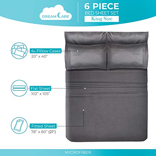 DREAMCARE King Size Sheets Set – 6 pcs Cooling Bed Sheets – up to 21” Deep Pocket King Sheet Set - 2500 Supreme Collection – Extra Soft 100% Brushed Microfiber Hotel Luxury with Side Pocket - Gray