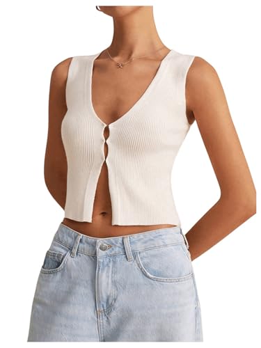 Image of SHENHE Women's Sleeveless Knitted V Neck Sweater Tank Split Hem Cropped Vest Cardigan Beige Small