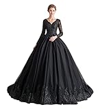 Mauwey Women's Black Lace Applique Sequin Wedding Dresses with Train Long Sleeve V-Neck Gothic Ball Gown A-line Long Bridal Gown 26 Plus Size