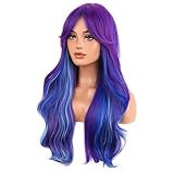 BERON Dark Purple and Blue Wig for Women Girls Long Curly Wave Wig with Bangs Two Tone Wavy Heat Resistant Synthetic Wigs Cosplay Costume Party or Daily Use