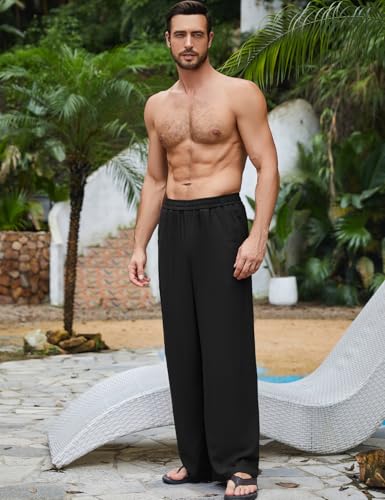 Flygo Mens Linen Pants Casual Wide Leg Baggy Pants Summer Cotton Elastic Waist Yoga Beach Palazzo Trousers3