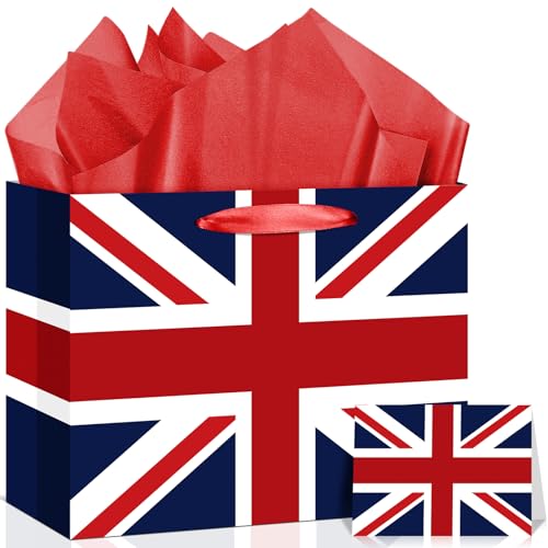 Neptniopllab Great British UK England Flag Gift Bag with Card & Wrapping Papers,United Kingdom Theme Party Decorations Gift Bag for GB National Day of GB,Carnival,Birthday,Goodie Treat Bag