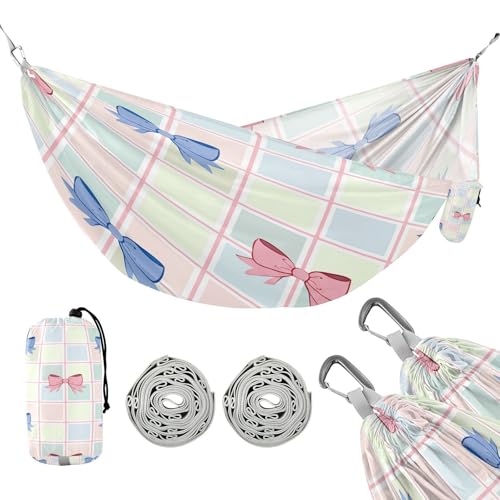 ATTX Blue Pink Bow Camping Hammock - Lightweight & Portable Hammocks, Heavy Duty 330lbs Capacity for Indoor, Hiking, Backpacking, Travel, Backyard, Beach#216