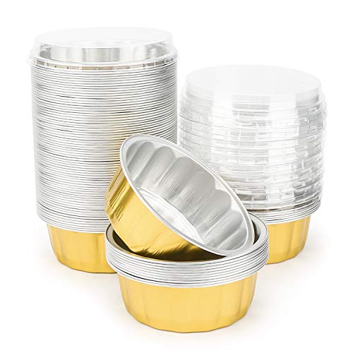 Disposable Ramekins with Lids, Beasea 8 oz 50 Pack Golden Aluminum Foil Cups Disposable Creme Brulee Muffin Cupcake Baking Cup Mini Pudding Cups for Party Wedding Birthday