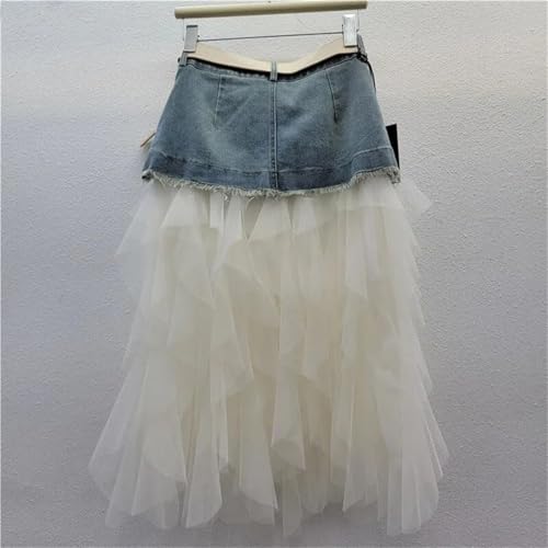 Women's Irregular Denim Tulle Skirts High Waist Mid-Length Mesh Pleated Mini Skirts Denim Patchwork Skirt4