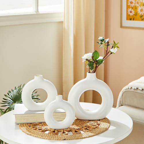 Image of Amazon Basics Modern Hand Crafted Ceramic Donut Shaped Vase|for Unique Home Decor (Pack of 3),White