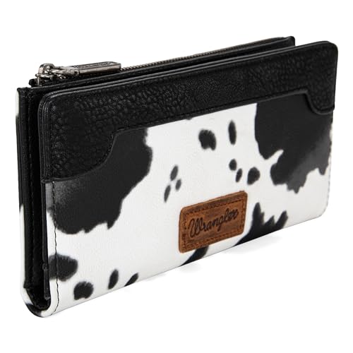 Image of Montana West Wrangler Cow Print Bifold Wallet Women's Wallets, Card Cases & Money Organizers Women Credit Card Wallet for Ladies Female Cash Wallett Black Wallets with Smooth Zipper