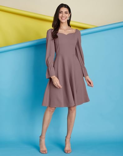 Image of SIRIL Women's Full Sleeve Polyester Solid Fit & Flare Dress, One Piece Dress for Women