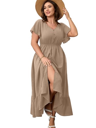 Image of RWJ Women Plus Size Maxi Dress V Neck Short Sleeve Button Trim Split Flowy Tiered Casual Long Dresses 2025 L-3XL