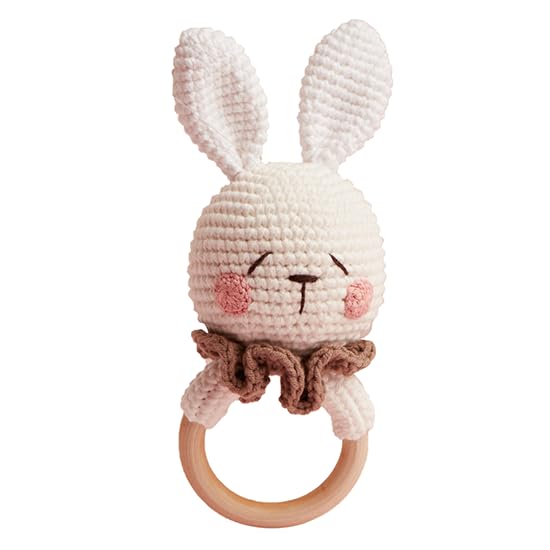 Image of Chippi & Co Wooden Crochet Baby Rattle, Crochet Baby Toys Stuffed Animals Easter Gifts for Kids, Wooden Newborn Toys, Easter Basket Stuffers, Basket Filler, Bunny Decor (Ruffles The Sleepyhead Bunny)