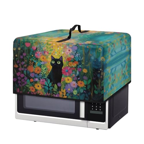 Image of Microwave Oven Cover Air Fryer Toaster Oven Dust Cover with Handle, Stain-Resistant Small Electric Appliance Protector for Kitchen Decor, S, Black Cat Daisy Floral Green