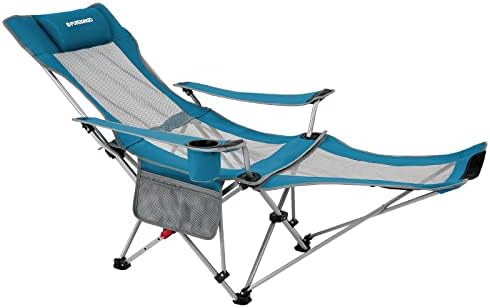 FUNDANGO Reclining Camping Chair with Foot Rest, Portable Mesh Folding Lounge Chairs, Adjustable Chaise Lawn Chair with Headrest, Cup Holder, Storage Bag, for Outdoor Picnics BBQ, Teal