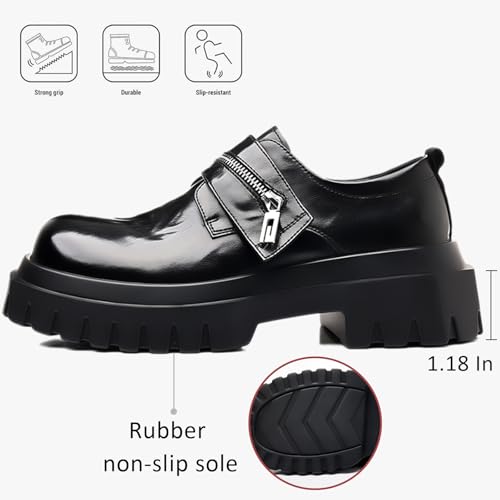 Men's Soft Leather Fashion Zipper Platform Low Chunky Heel Slip-On Loafers Retro Round Toe Comfortable Anti-Slip Lug Sole Penny Loafers for Business Dress Wedding Casual3