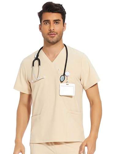 COZYFIT Scrub Top for Men - Stretch V-Neck Scrubs with 3 Pockets, Anti-Wrinkle - Light Khaki, M