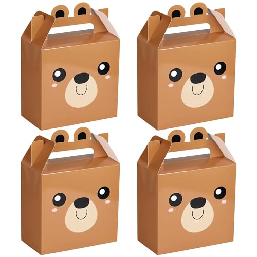VELATYVIO 12 Pcs Bear treat boxes party favors 5.9 x 3.15 x 5.9 Inch Bear baby shower party goody candy gift boxes with handles Brown bear theme party decoration for Kids Boy Girl Birthday Supplies