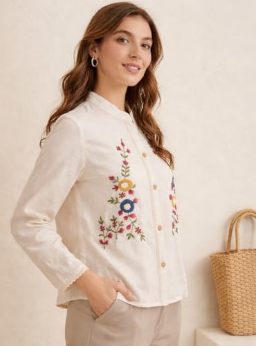 Image of RIEKA Womens Off White Cotton Shirt with Multicolour Floral Embroidery Button Down Mandarin Collar Relaxed Fit Casual Wear Top