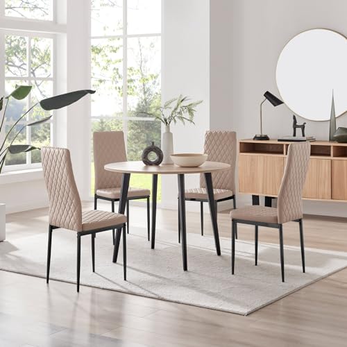 Furniturebox UK Koko Oak Effect Round Dining Table & 4 Cappuccino Milan Black Leg Chairs
