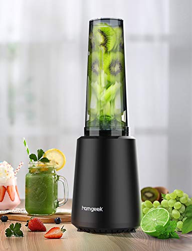 Homgeek Personal Mini Blender Smoothie Maker Single Serve To Go, Portable Small Milkshake Fruit Vegetable Drinks Ice Pro Mixer Juicer 300W with 1 Tritan Travel Sport Bottle 16oz, Press to Start