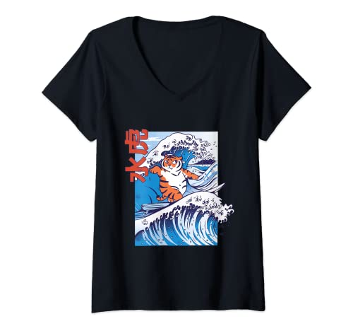Mujer Funny Vaporwave Kanagawa Great Wave Japan Surfing Tiger Camiseta Cuello V