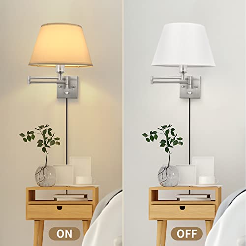 Image of TRLIFE Dimmable Wall Sconce Plug in, Brushed Nickel Wall Sconces Set of Two Swing Arm Wall Lights with Plug in Cord and On /Off Dimmer Rotary Switch, 11.8 inch Large White Fabric Shade(2 Pack, 2 Bulbs)