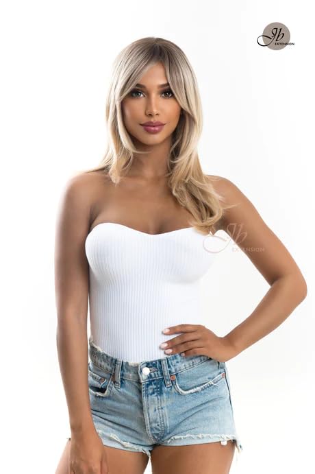 Miniatura 2 de Peluca de corte lobo, color rubio KELLY con flequillo en capas, mezcla de raíces oscuras, mezcla de rubio, pelucas de cabello largo sin pegamento