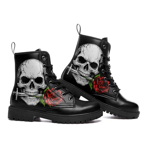 Image of Custom Black Combat Boots for Women Fashion Lace-Up Skull Rose Ankle Booties Chunky Heel Platform Leather Boots