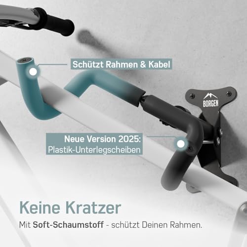 Borgen Fahrrad Wandhalterung klappbar - Fahrradhalterung Wand bis 20kg Tragfähigkeit - Winkel und Wandabstand einstellbar - extra softe Polsterung - Fahrradaufhängung Wand für MTB, Rennrad, E Bike