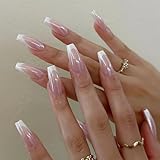 Qsnidy Pearlescent Press on Nails Medium, Glazed White French Fake Nails Coffin Chrome Acrylic Press Ons for Women, Natural Fit Full Cover Glue on Nails in 12 Sizes - 24 Pieces Nail Kit