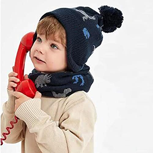 Image of ACTLATI Winter Dinosaur Boy Winter Hat Scarf Mittens Set Warm Beanies Earflap Fleece Pompom Lining Cap for Toddler Kids