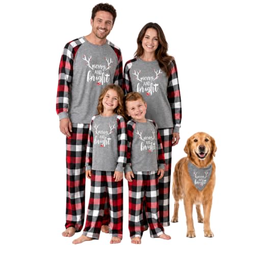 Image of IFFEI Matching Family Pajamas Sets Christmas PJ's with Letter and Plaid Printed Long Sleeve Tee and Bottom Loungewear