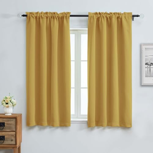 Image of Aiyufeng Bright Gold Blackout Curtains for Bedroom 63 Inch Length 2 Panels, Solid Thermal Insulated Energy Saving Rod Pocket Window Treatment Curtains Blackout Drapes, W40 x L63 Inch,Bright Gold