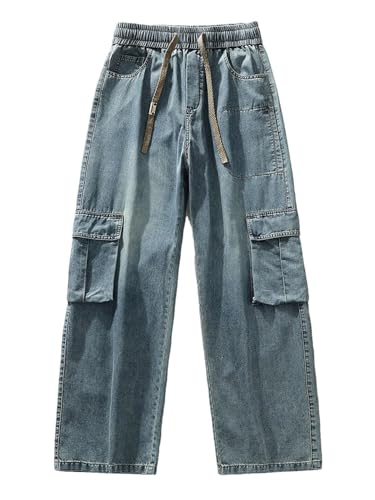 Men's Cargo Jeans Plus Size Flap Pockets Wide Leg Baggy Denim Pants Drawstring Straight Jeans Trousers