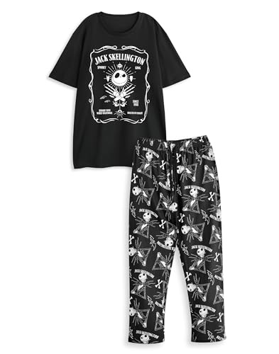Disney The Nightmare Before Christmas Mens Pajama Set | Adults Jack Skellington Graphic Top & Long Leg PJ Bottoms in Black