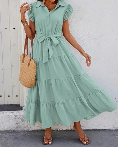dowerme Women's Summer Casual Dresses 2026 Cap Ruffle Sleeve V Neck Button Belted Tiered Boho Maxi Dress with Pockets(Mint Green,X-Large) — view 3