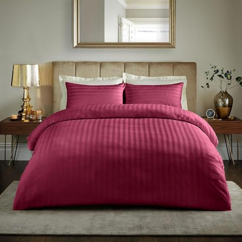 800TC King Size Duvet Cover Set Cotton Rich Satin Stripe Burgundy Quilt Cover with Housewife Pillowcases – Super Soft Bedding & Linen for a Home or Hotel Machine Washable