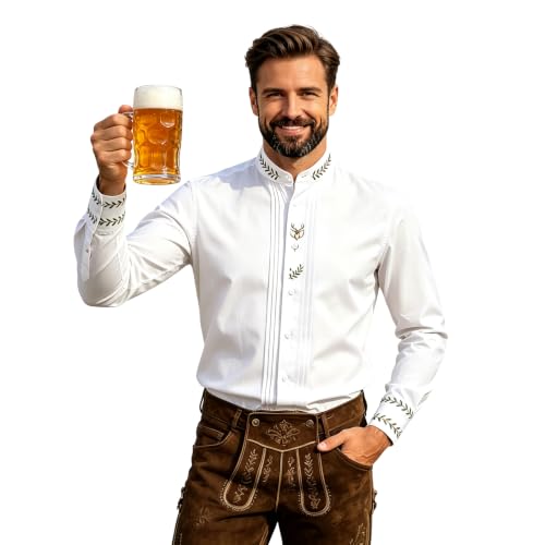 Generisch Trachtenhemd Herren Weiß Slim Fit Langarm Trachtenhemden Oktoberfest Tracht Hemd mit Stehkragen Baumwolle Freizeithemd Trachten Hemden Elegant Langarmhemd...