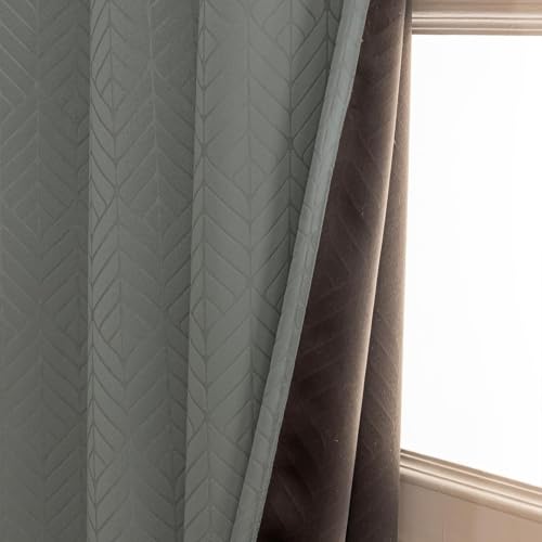 Image of LINENWALAS 100% True Blackout Door Curtains 7 Feet Long Set of 2 | Embossed Herringbone Leaf Design |Room Darkening Curtain | Thermal Insulated Curtains for Living Room, Bedroom (7 Feet, Grey)