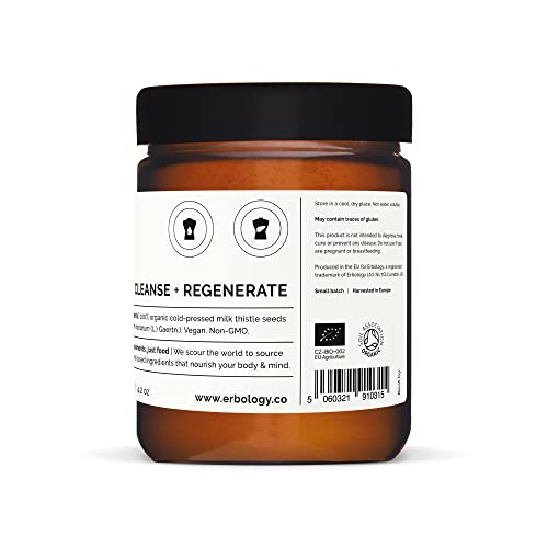 Erbology 100% Organic Milk Thistle Powder 4.2 Oz - Cold-Pressed From 100% Milk Thistle Seeds - Rich In Silymarin - Cleanse And Detox - Straight From Farm - Raw Vegan - Non-Gmo - Recyclable Glass Jar #TOP3